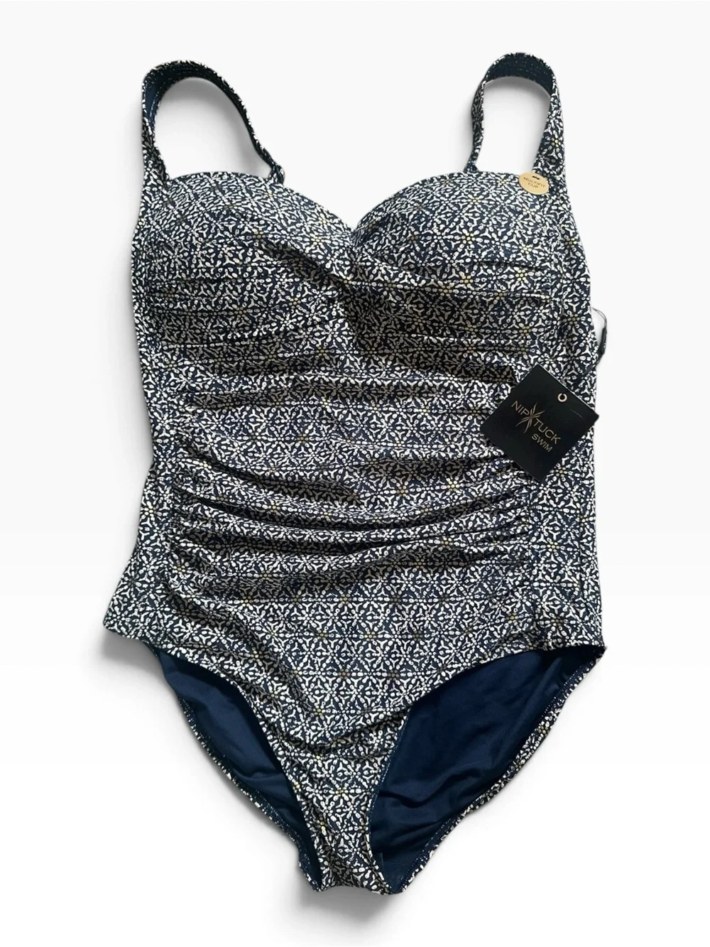 Nip Tuck Swim One Piece Swimsuit 10 Navy Gold Ruched Tummy Control NWT